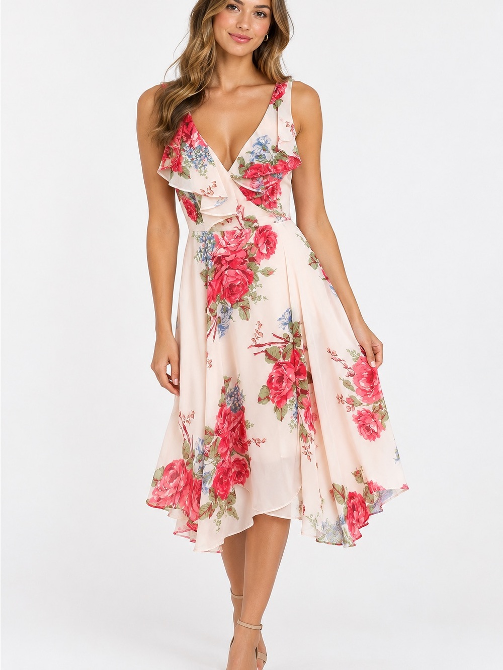 Betsy Johnson Floral Dress Small Pink Rose Ruffle Fit & Flare Romantic Y2K